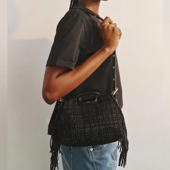 NWT MAJE Black Gold Metallic Tweed Crossbody Shoulder Bag Purse Leather Tassel - Picture 2 of 10